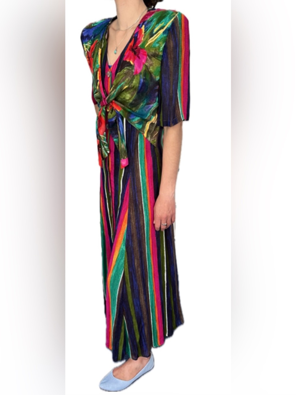 1990s Multicolor Striped Maxi Dress with Integrated Floral Bolero- Art to Wear